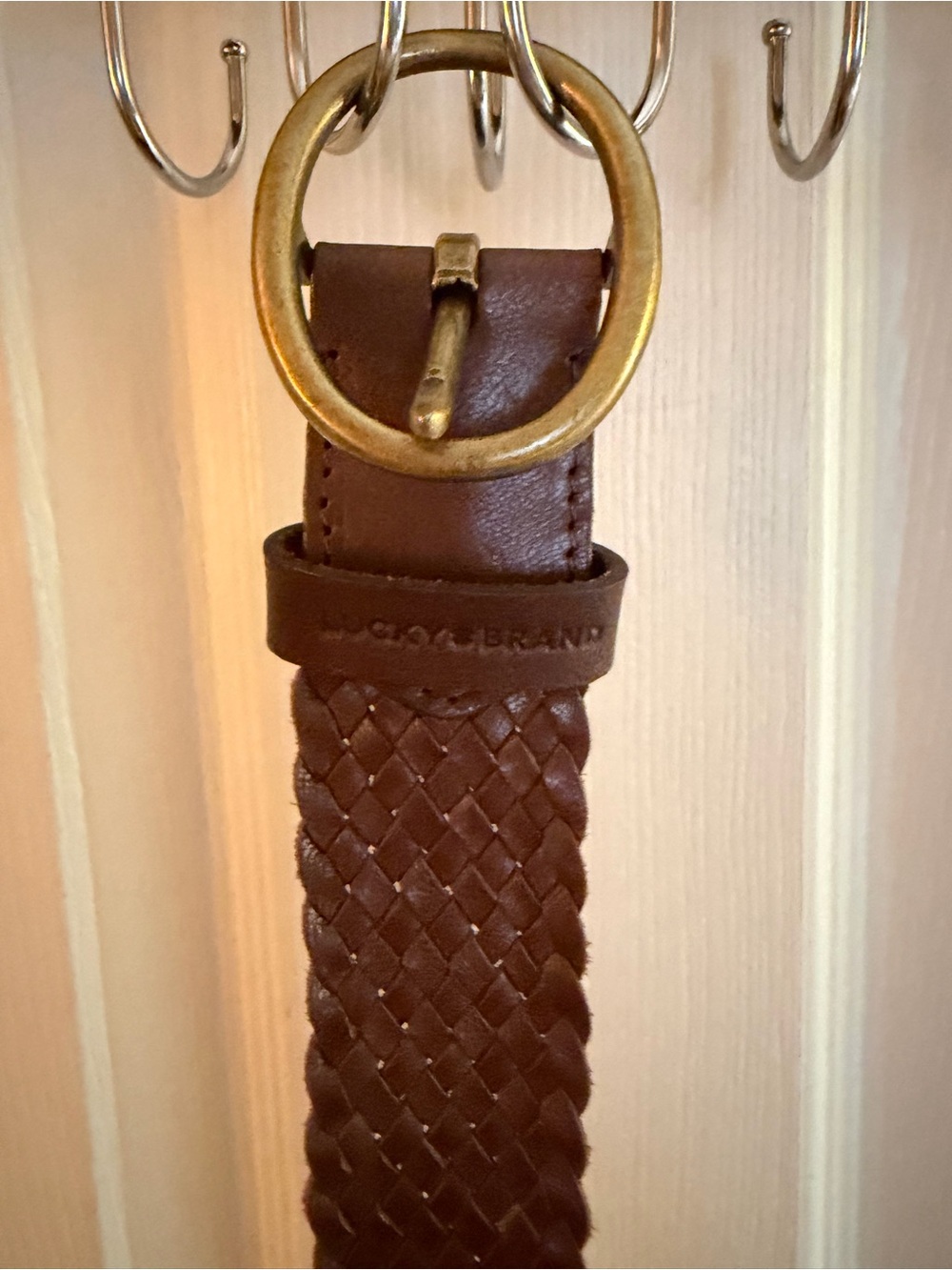 Lucky Brand Woven Brown Leather Belt with Brass Round Buckle